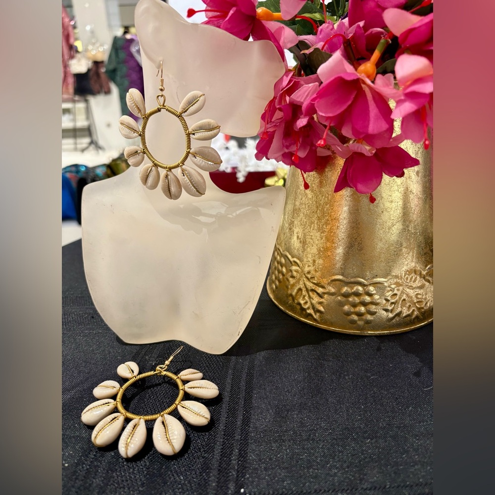Brass Gold and Cowrie Shell Hoop Earrings